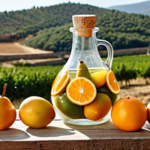 Home 11 **Homemade soju infusion with local Spanish fruits like pears or oranges, displayed in a clear glass bottle. Background: Spanish countryside.**