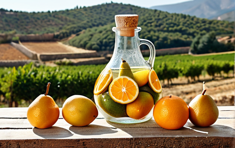 **Homemade soju infusion with local Spanish fruits like pears or oranges, displayed in a clear glass bottle. Background: Spanish countryside.**