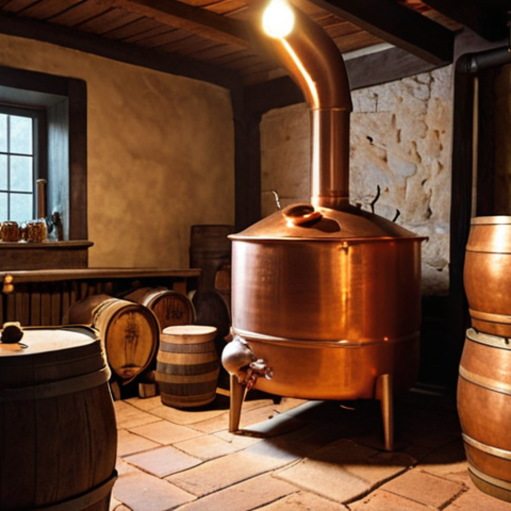 **

A cozy, rustic home distillery setup. Focus on the equipment: a copper pot still gleaming under warm light, surrounded by oak barrels. In the background, sacks of malted barley are stacked, suggesting the artisanal nature of the process. The overall mood is inviting and suggests the passionate, hands-on approach to crafting homemade whiskey.

**