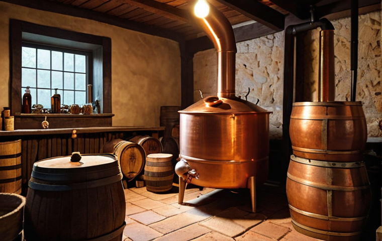 **
A cozy, rustic home distillery setup. Focus on the equipment: a copper pot still gleaming under warm light, surrounded by oak barrels. In the background, sacks of malted barley are stacked, suggesting the artisanal nature of the process. The overall mood is inviting and suggests the passionate, hands-on approach to crafting homemade whiskey.
**