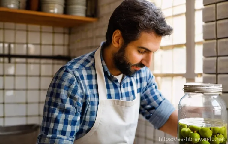 홈메이드 술 기술 혁신 - **Prompt:** A close-up shot of a person in their late 20s to early 30s, wearing a clean, light-color...