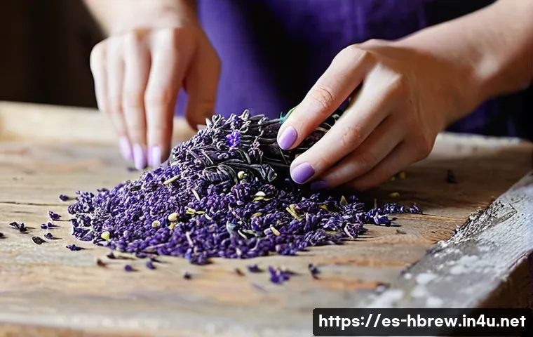 홈메이드 라벤더 진 만들기 - **Prompt 1: The Artisan's Touch in a Botanical Kitchen**
    "A close-up, high-angle shot in a sunli...
