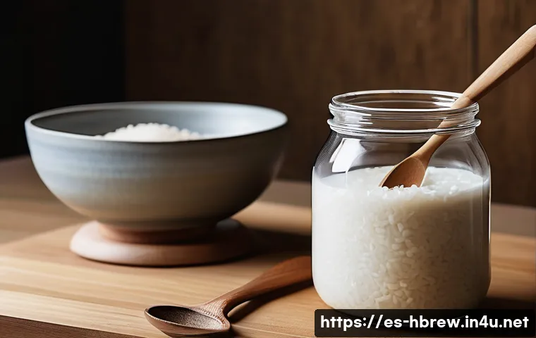 홈메이드 막걸리 발효 방법 - A detailed close-up scene of a traditional Korean kitchen countertop during makgeolli preparation: a...