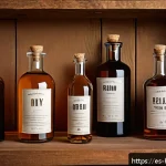 Home 21 홈메이드 술 DIY 키트 비교 - A cozy home workshop scene showcasing a variety of DIY liquor kits on a rustic wooden table, includi...