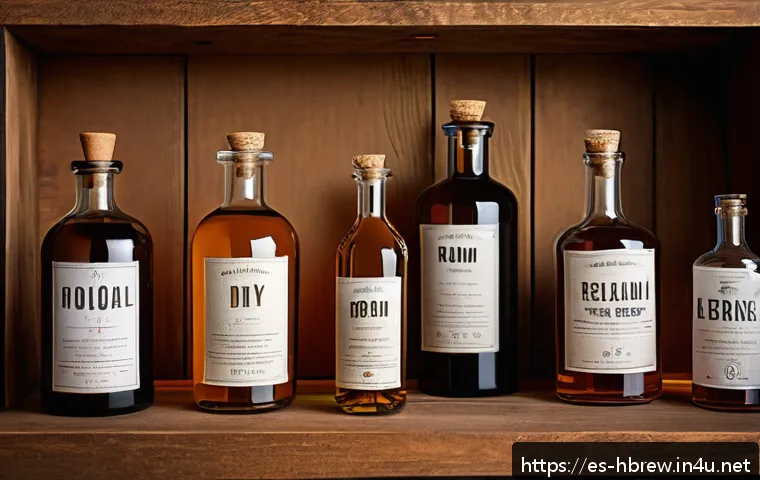 홈메이드 술 DIY 키트 비교 - A cozy home workshop scene showcasing a variety of DIY liquor kits on a rustic wooden table, includi...