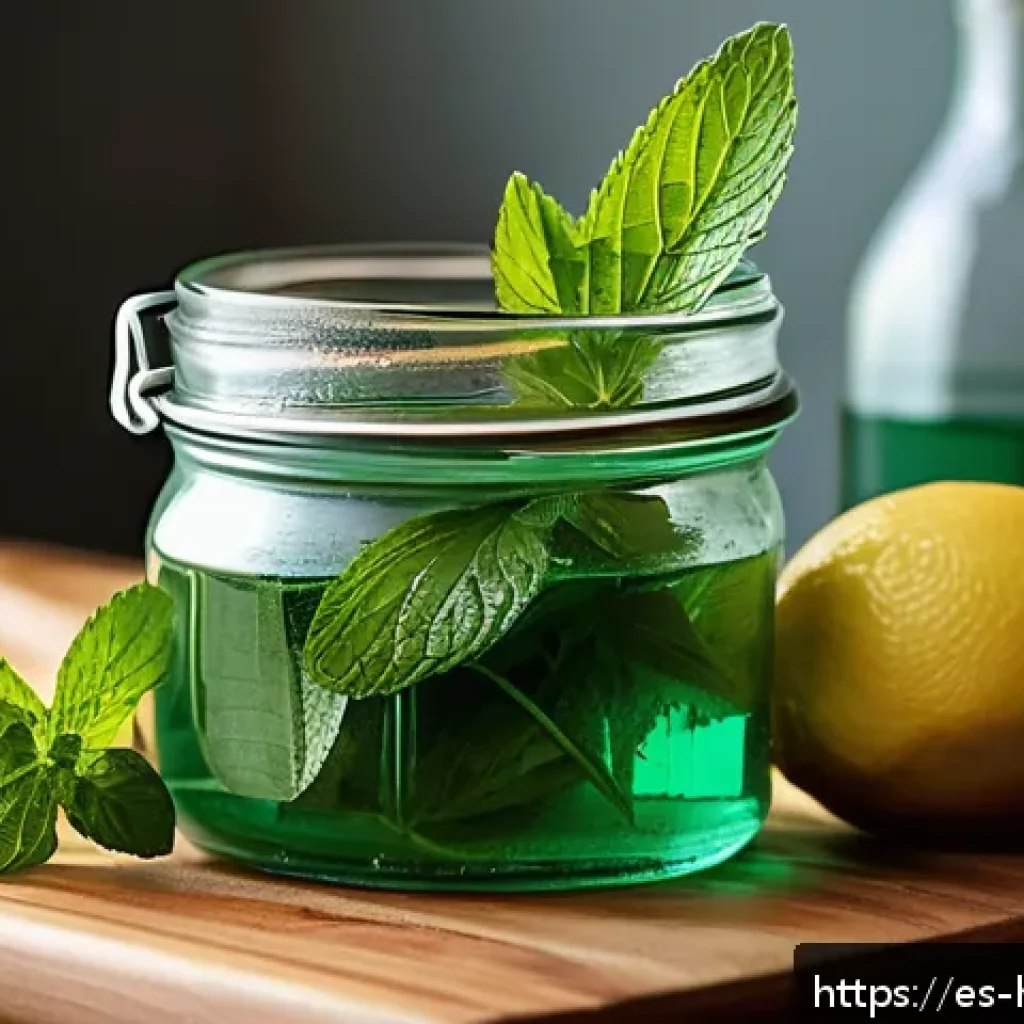 홈메이드 민트 리큐어 레시피 - A rustic kitchen scene featuring fresh vibrant green spearmint and peppermint leaves carefully selec...