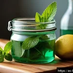 Home 19 홈메이드 민트 리큐어 레시피 - A rustic kitchen scene featuring fresh vibrant green spearmint and peppermint leaves carefully selec...