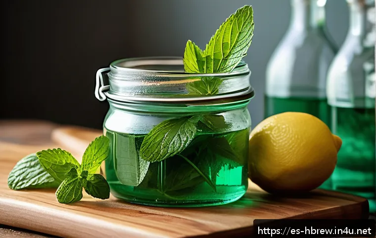 홈메이드 민트 리큐어 레시피 - A rustic kitchen scene featuring fresh vibrant green spearmint and peppermint leaves carefully selec...