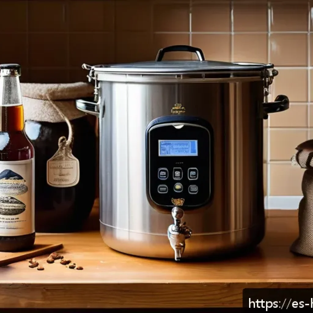 홈메이드 스타우트 맥주 만들기 - A cozy home brewing setup in a rustic Spanish kitchen, featuring a large 15-liter stainless steel po...