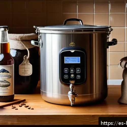 Home 30 홈메이드 스타우트 맥주 만들기 - A cozy home brewing setup in a rustic Spanish kitchen, featuring a large 15-liter stainless steel po...