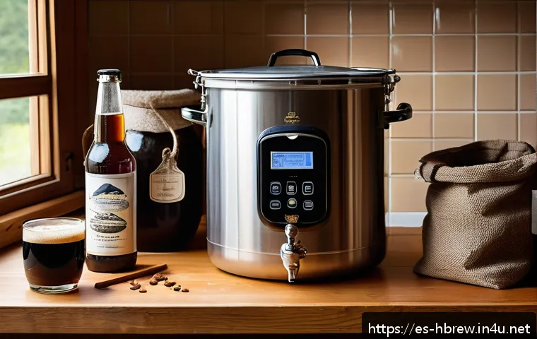 홈메이드 스타우트 맥주 만들기 - A cozy home brewing setup in a rustic Spanish kitchen, featuring a large 15-liter stainless steel po...