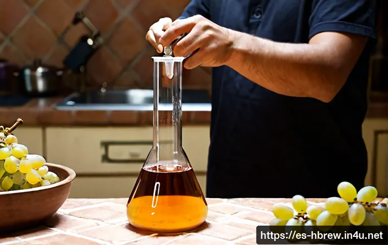 홈메이드 술 알코올 도수 측정법 - Photorealistic close-up of a homebrewer in a bright Spanish kitchen measuring homemade fruit wine wi...